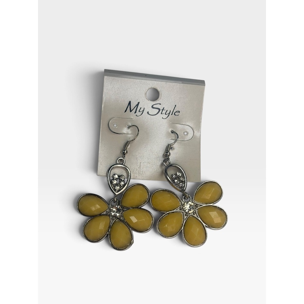My Style Yellow Flower Dangle Earrings Silver Tone Rhinestone Accents Floral